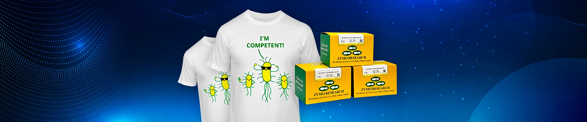 Three Zymo Research kit boxes forming a product bundle and a limited-edition I'm Competent E. coli T-shirt