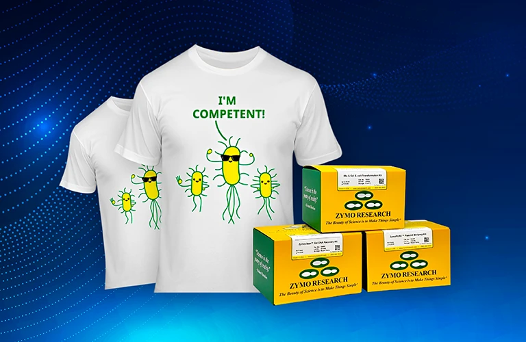 Three Zymo Research kit boxes forming a product bundle and a limited-edition I'm Competent E. coli T-shirt