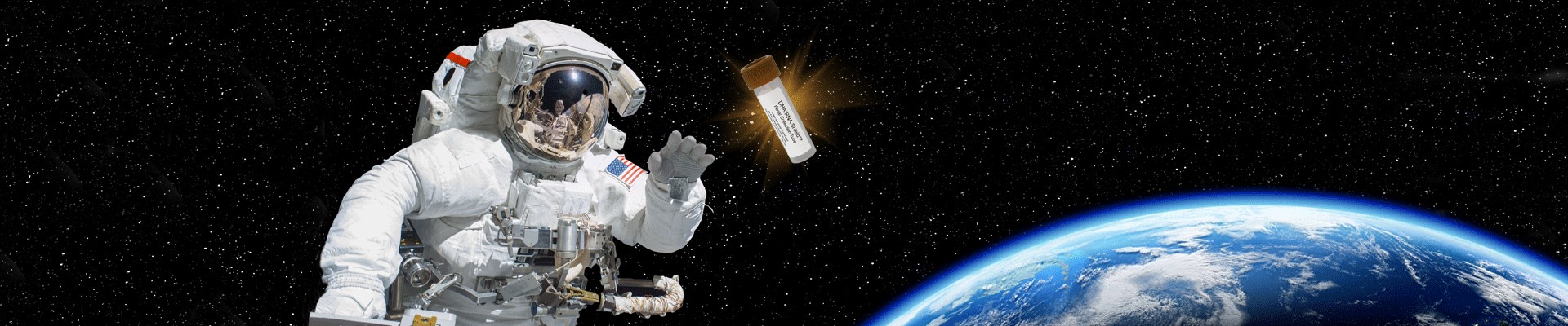 An astronaut in space reaching for DNA/RNA Shield