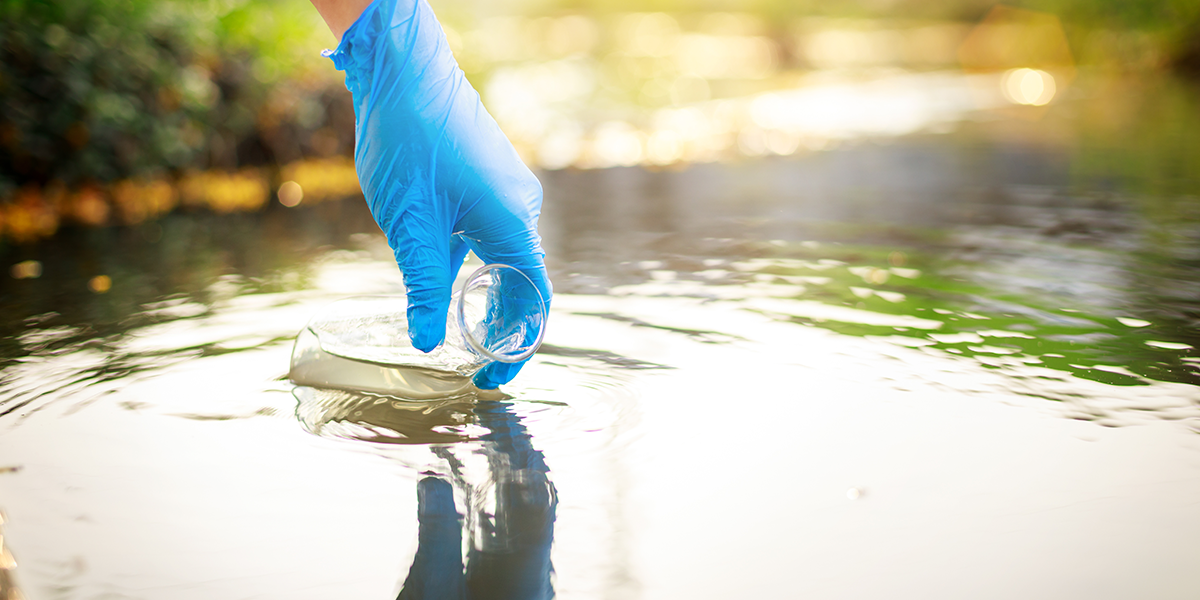 Scientist taking a water sample of PCR inhibitor rich wastewater to be used for pathogen surveillance.