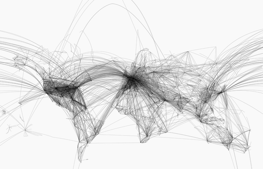 World map showing plane flight paths