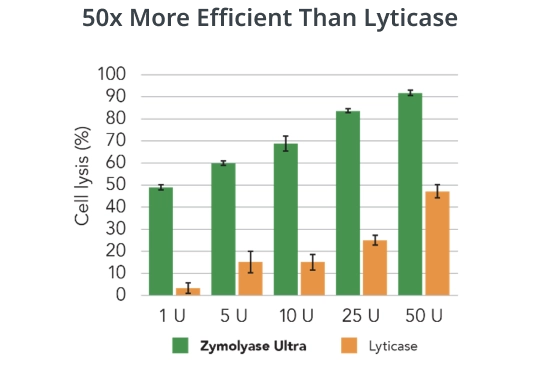 <i>Candida albicans</i> lysis efficiency comparison between Zymolyase Ultra and Lyticase, details below.