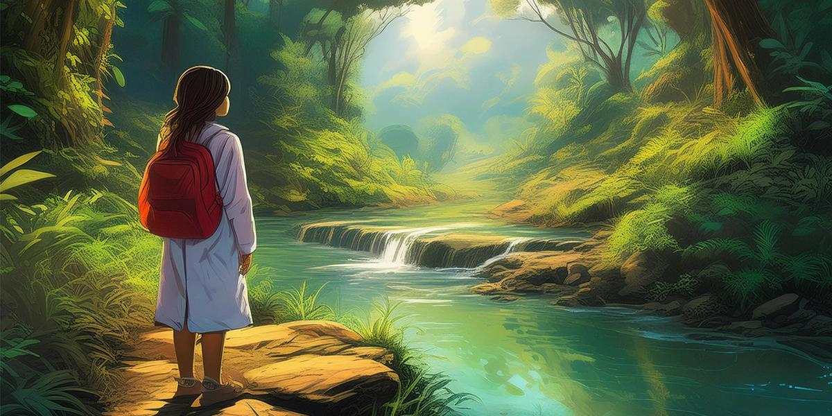 Illustration of a young girl standing by a flowing stream, with a scenic background