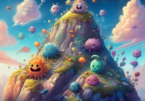 A cartoon of colorful microbes on a mountain