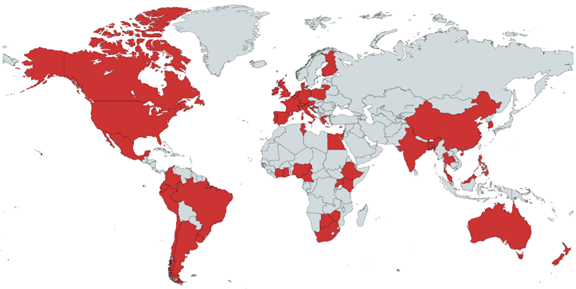 World Map showing the locations of the Master the Microbiome 2025 entries' countries
