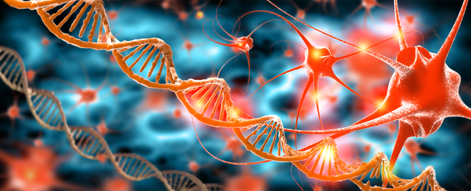 Orange DNA double helix strands intertwined with glowing red neurons against a blue background.