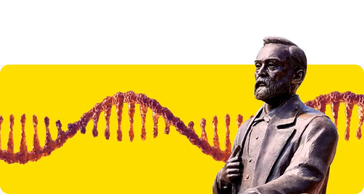 A bronze bust statue of Alfred Nobel in front of an RNA strand.