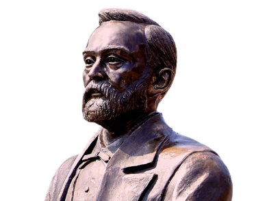 A bronze bust statue of Alfred Nobel