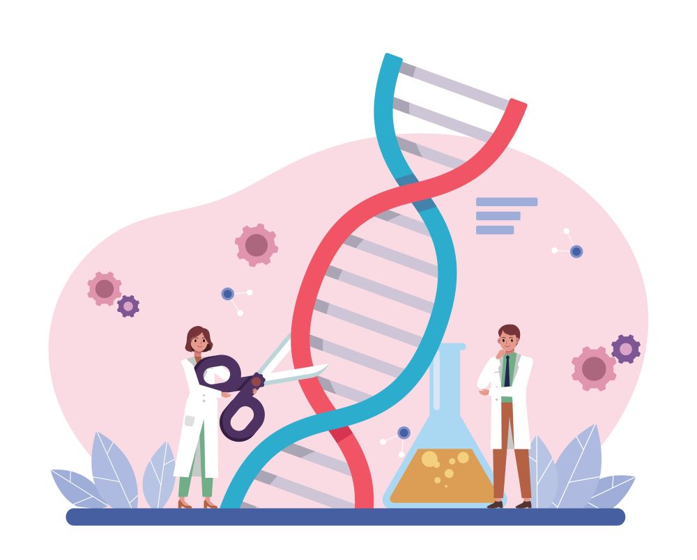 A DNA strand being cut by a scientist on the left using a pair of scissors while the other scientist on the right watches