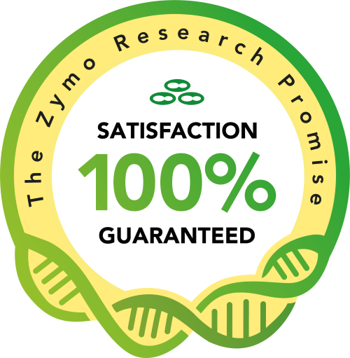 Zymo Research Promise badge showing “Satisfaction 100% Guaranteed” encircled by green and yellow DNA strand design.