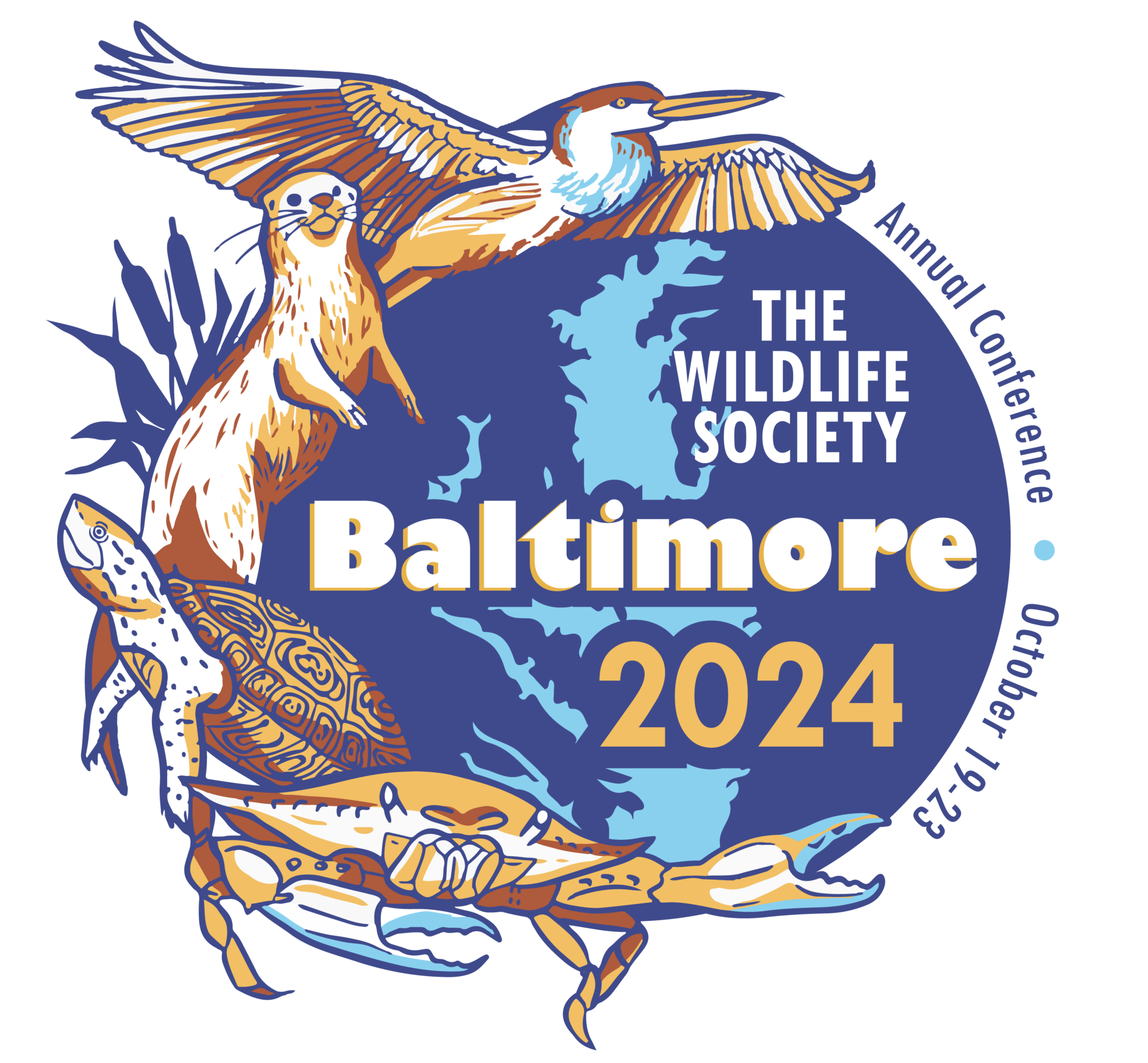 Logo for The Wildlife Society Annual Conference 2024 in Baltimore, featuring an illustrated heron, otter, turtle, and crab with a map of the Chesapeake Bay in the background.