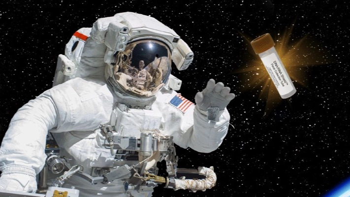 An astronaut in space reaching for DNA/RNA Shield, representing that DNA/RNA Shield's unparalleled sample storage and preservation technology allows NASA to reach new limits and study the effects of microgravity on the human microbiome.