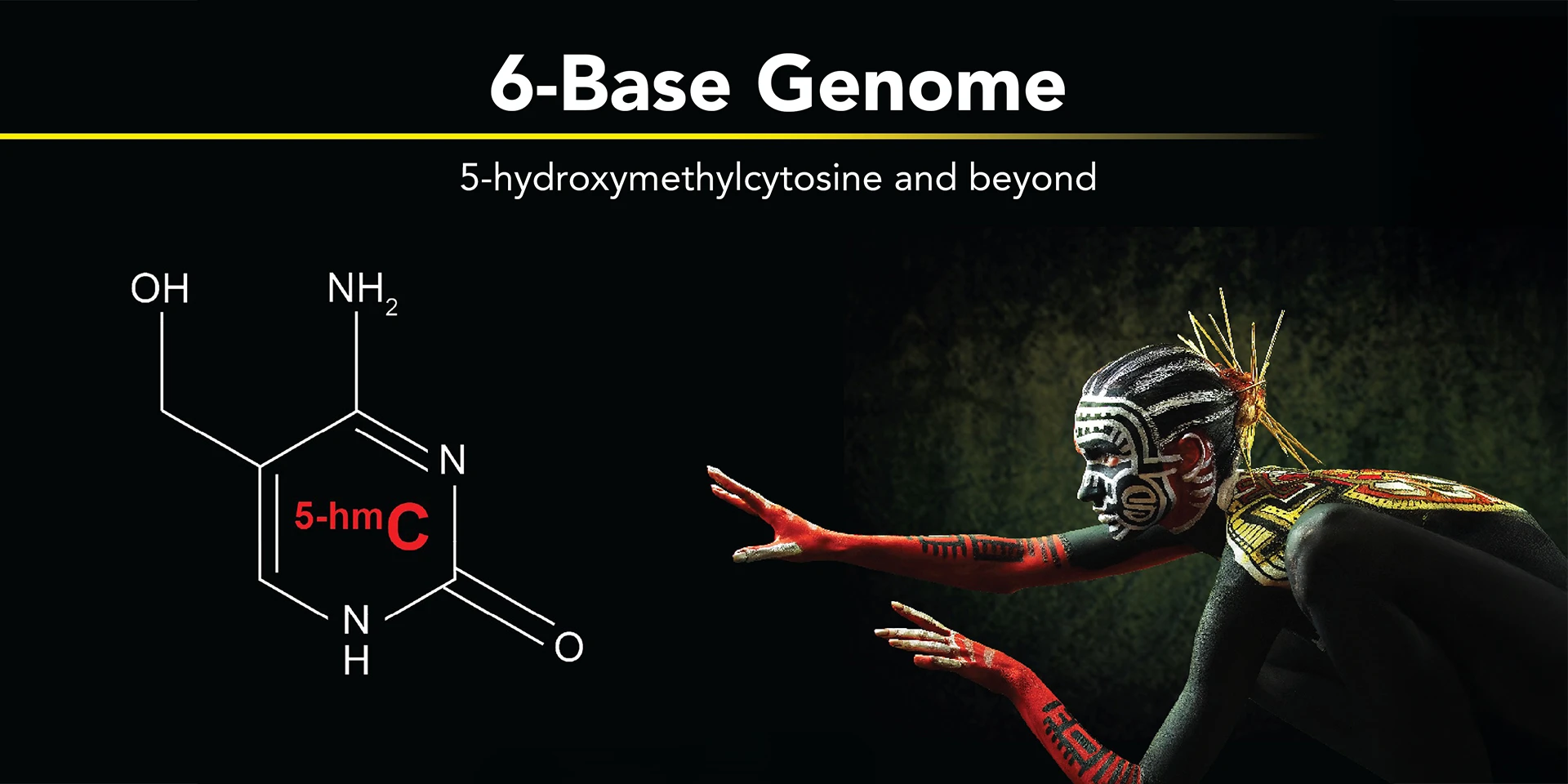 5-hydroxymethylcytosine molecule alongside a body-painted figure representing the 6-base genome concept