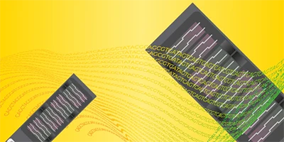 Illumina methylation arrays and wave-like DNA sequence of nitrogenous bases on a bright yellow background. 