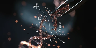 Cutting DNA molecule at CpG sites on a black background to demonstrate enzymatic digestion of DNA before bisulfite conversion.