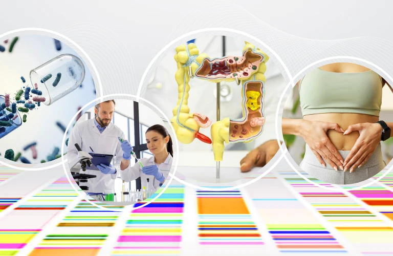 Fecal Microbiome Discovery Grant banner with images of microbiome samples, lab researchers, gut health model, and human