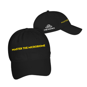 Image of black baseball cap that says MASTER THE MICROBIOME and displays the Zymo Research Logo