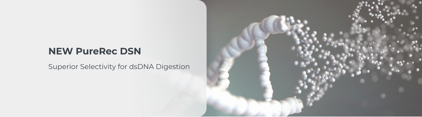 Advertisement for NEW PureRec DSN with the text 'Superior Selectivity for dsDNA Digestion' displayed next to a representation of a DNA double helix