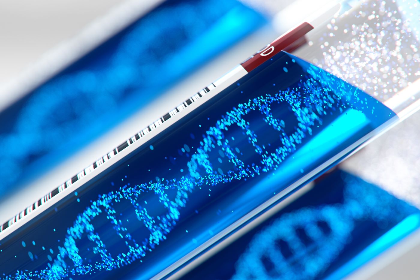 A close-up 3D rendering of a DNA strand inside a test tube, glowing in blue with a futuristic scientific aesthetic.