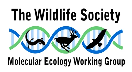 Logo for The Wildlife Society Molecular Ecology Working Group, featuring a stylized DNA double helix with silhouettes of a lizard, a deer, and a bird in the loops.