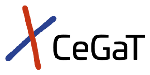 CeGaT Logo, which consists of two intersecting lines, one red and one blue, with the text CeGaT