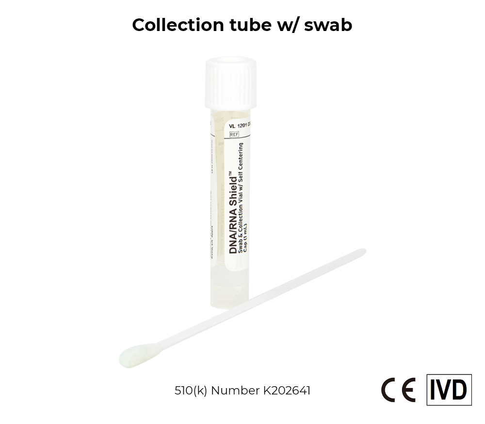 the dna/rna shield collection tube standing upright with the cotton swab placed diagonally, image also includes FDA CLEARED and CE IVD logos