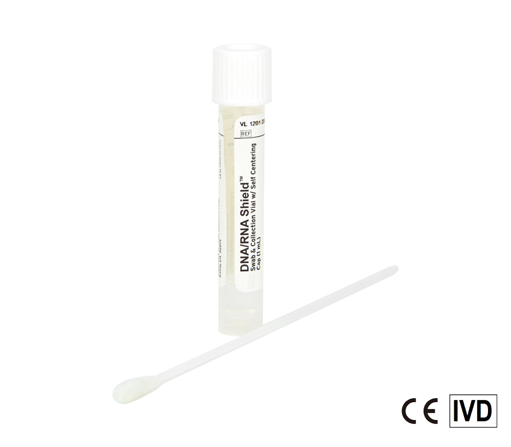 the dna/rna shield collection tube standing upright with the cotton swab placed diagonally, image also includes FDA CLEARED and CE IVD logos