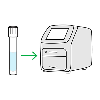 Image of a sample collection tube and a green arrow pointing towards a sample processing machine