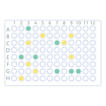 a chart with columns labeled with numbers, rows labeled with letters, and blue circles and yellow circles marked at several intersections