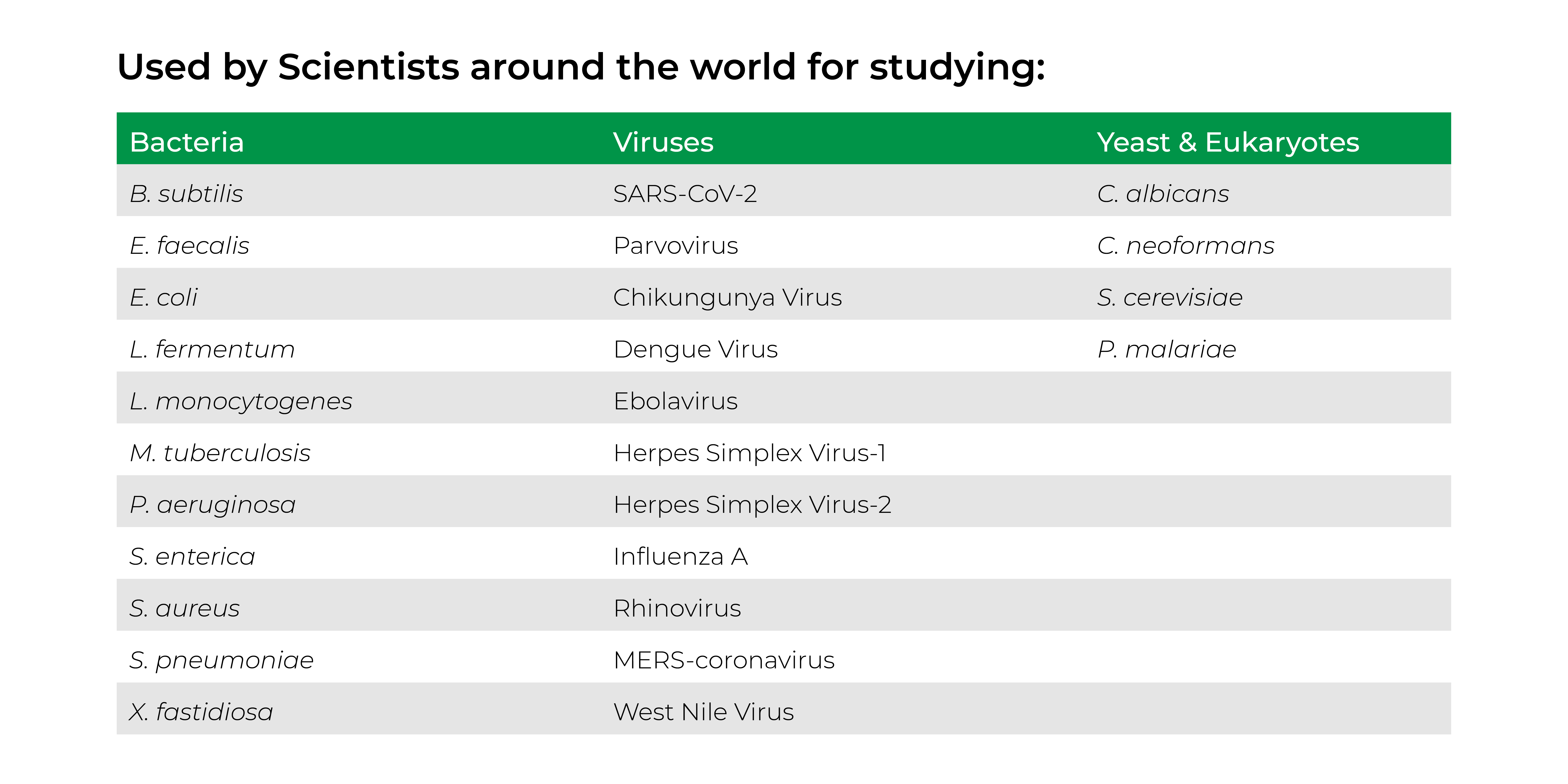 chart displaying what bacteria, viruses, yeast and eukaryotes scientitst are studying