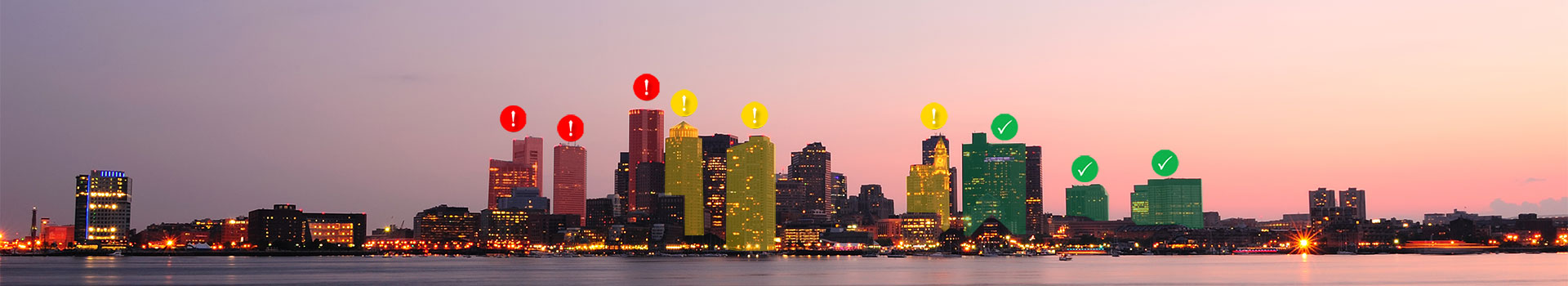 Header Banner for Zymo Environ COVID-19 Wastewater Testing Service, showing the New York city scape with checks or exclamation points above the buildings.