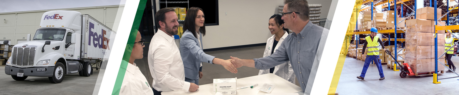 Image of a group of scientists in a discussion and shaking hands.