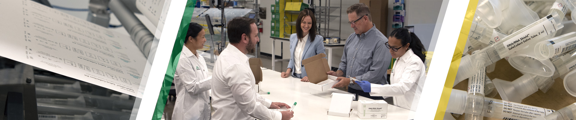 Hero Banner with an image of a group of scientists around a table discussing how to package a kit