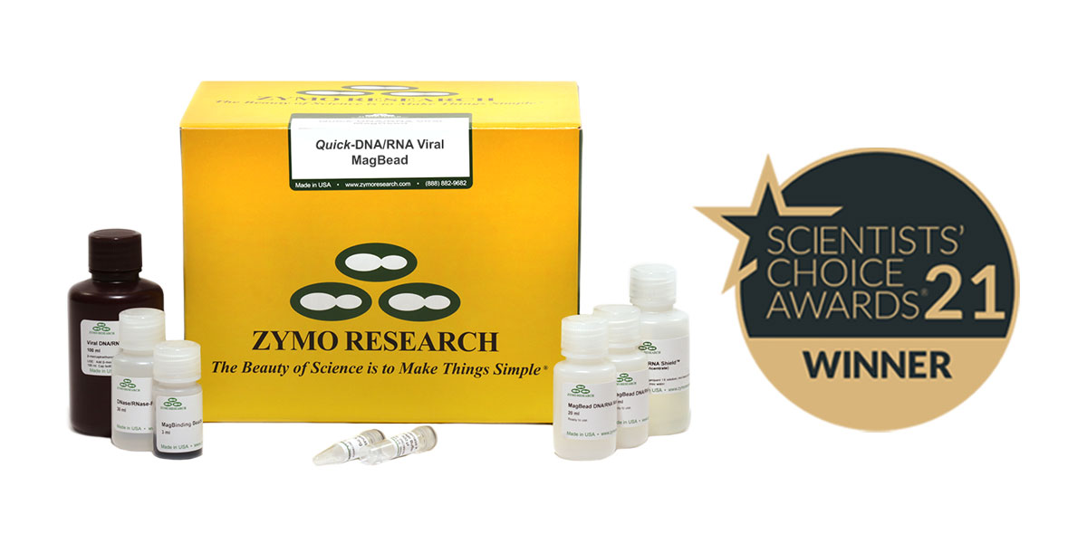 Image of the Quick-DNA/RNA Viral MagBead Kit next to a SelectScience 'Scientists Choice Awards 21 Winner' seal