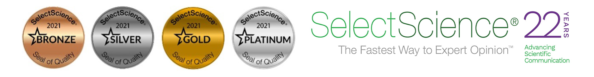 SelectScience 2021 Seals of Quality 2021 in Bronze, Silver, Gold, and Platinum are shown with SelectScience's Logo