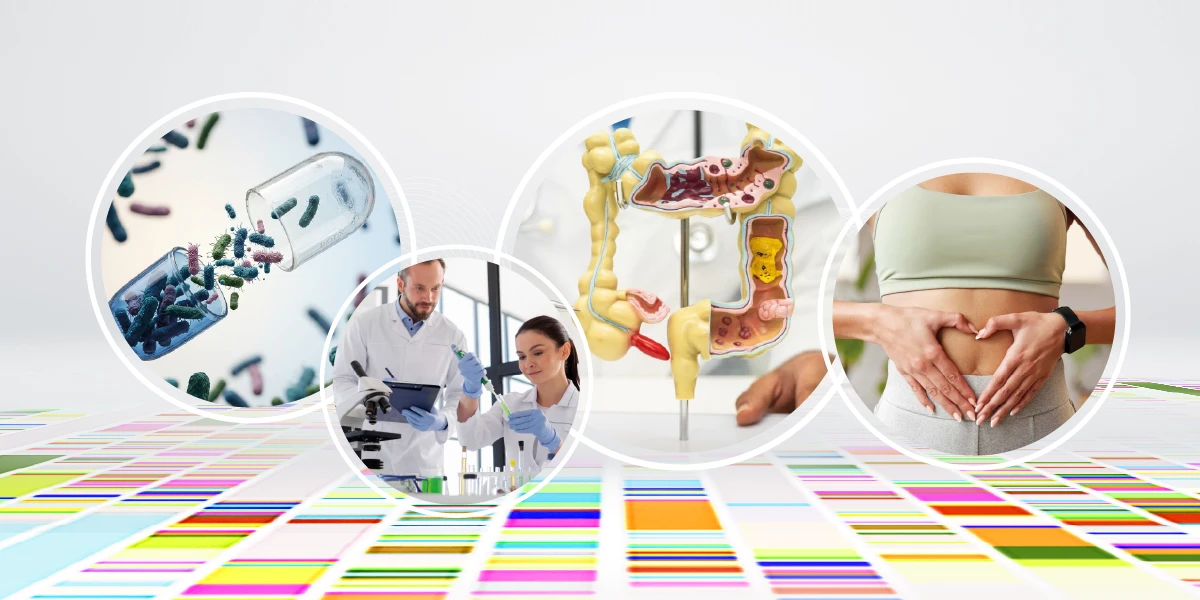 Fecal Microbiome Discovery Grant banner with images of microbiome samples, lab researchers, gut health model, and human's health