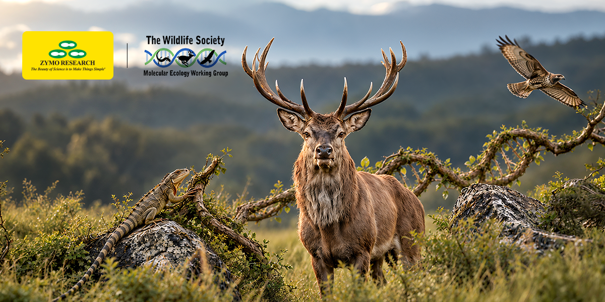 Wildlife surrounded by greenery with a DNA helix in the background and the logos for Zymo Research and MEWG
