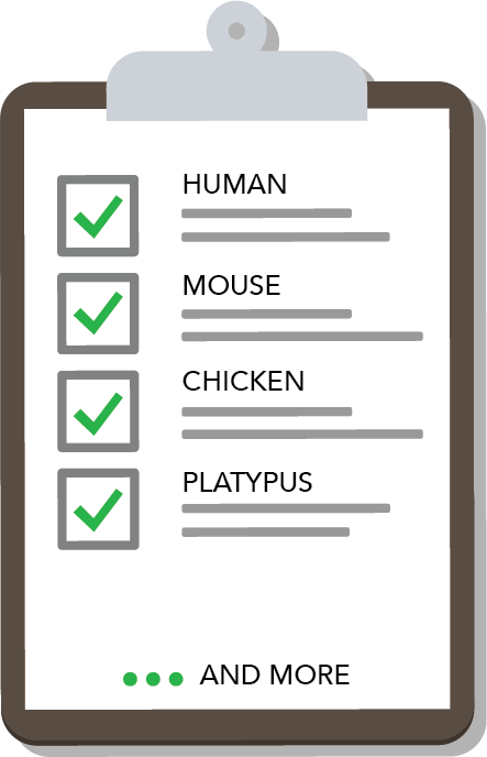 Clipboard with sheet of paper.  Human, Mouse, Chicken and Platypus are the options and they are checked off