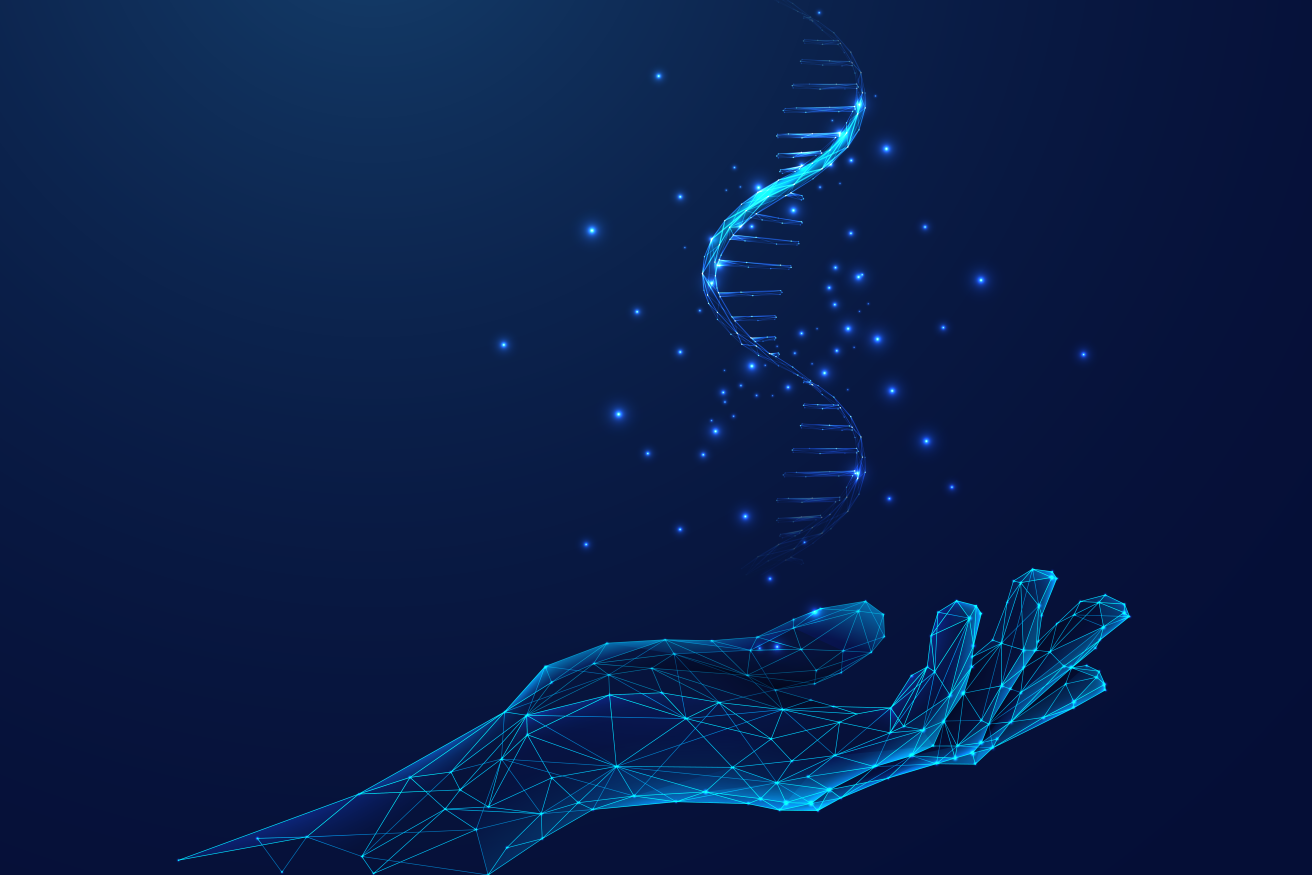A digital wireframe hand holding a glowing DNA double helix made of light particles on a dark blue background, symbolizing biotechnology and RNA sequencing.