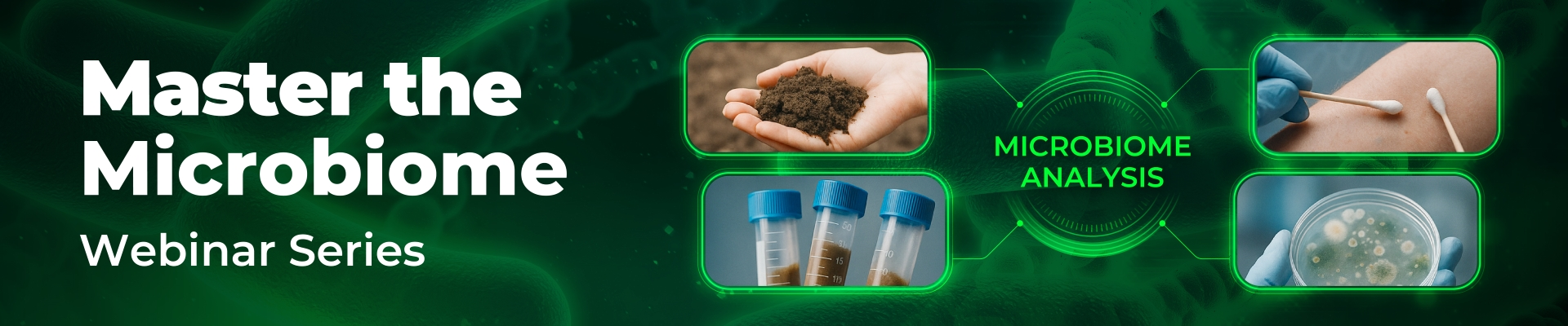 4 images represent microbiome analysis: soils, collecting samples from a patient skin, petri dish, samples tubes