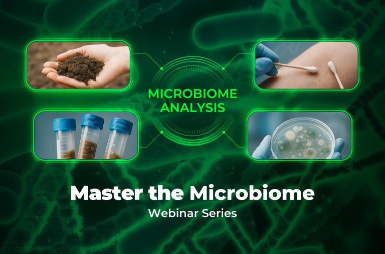 A happy baby eating yogurt, text title: Master the Microbiome, Webinar Series