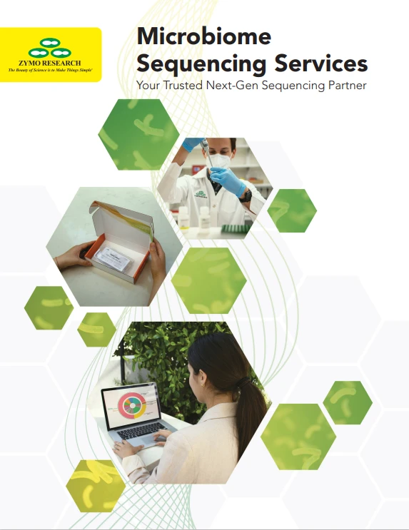 Cover of Zymo Research Microbiome Sequencing Services brochure featuring lab scientists, sample preparation, data analysis visuals, and green hexagonal microbiome-themed graphics.